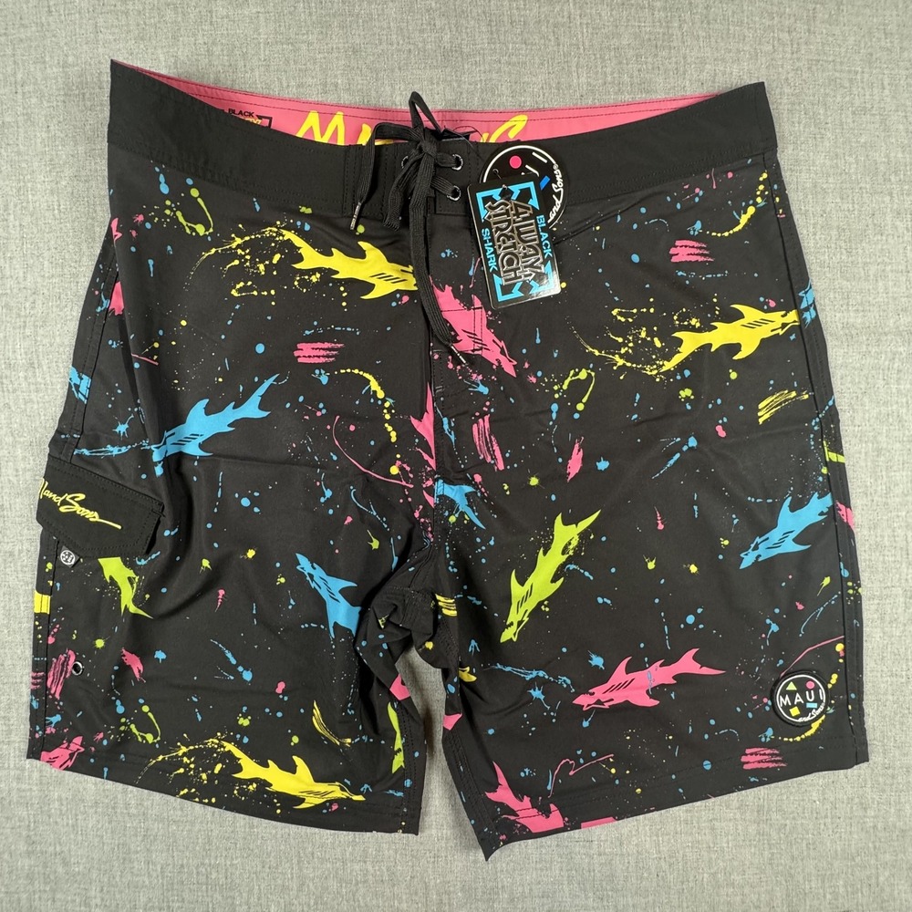Maui And Sons Shorts Mens 28 Black Shark Print Boardshorts Swim Trunks Surf